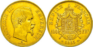 France 100 Franc, Gold, 1855, Napoleon III., ... 