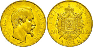 France 50 Franc, Gold, 1855, Napoleon III., ... 