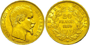 France 20 Franc, Gold, 1859, Napoleon III., ... 