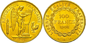 France 100 Franc, Gold, 1908, standing ... 
