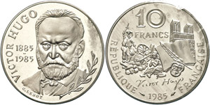 Frankreich 10 Francs, 1985, Piéfort, Hugo, ... 
