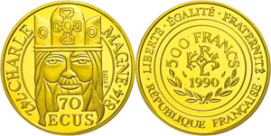 Frankreich 500 Francs (70 Ecu), Gold, 1990, ... 