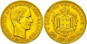 Greece 20 Drachma, Gold, 1876, Georg I., Fb. ... 