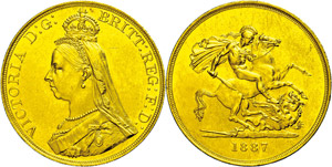 Great Britain 5 Pounds, Gold, 1887, ... 