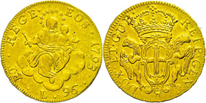 Italy Genoa, 96 liras, Gold, 1793, madonna ... 