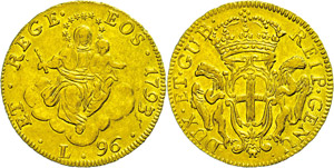 Italien Genua, 96 Lire, Gold, 1793, Madonna ... 