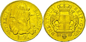Italy Genoa, 96 liras, Gold, 1795, madonna ... 