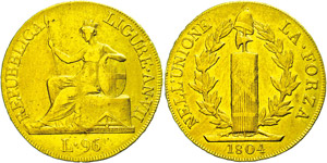Italien Ligurische Republik, 96 Lire, Gold, ... 