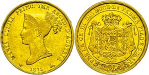 Italy Parma, 40 liras, Gold, 1815, Mary ... 