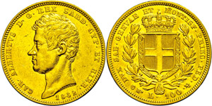Italy Sardinia, 100 liras, Gold, 1832, Karl ... 