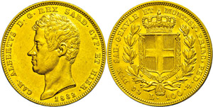 Italy Sardinia, 100 liras, Gold, 1832, Karl ... 