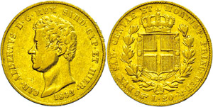 Italy Sardinia, 20 liras, Gold, 1832, Karl ... 