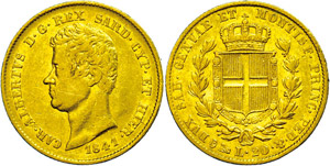 Italy Sardinia, 20 liras, Gold, 1841, Karl ... 