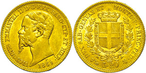 Italy Sardinia, 20 liras, Gold, 1859, Victor ... 