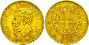 Italy 10 liras, Gold, 1863, Victor Immanuel ... 