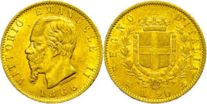 Italy 20 liras, Gold, 1866, Victor Immanuel ... 