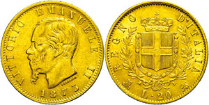 Italy 20 liras, Gold, 1873, Victor Immanuel ... 
