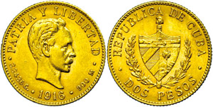 Cuba 2 Peso, Gold, 1916, Fb. 6, very fine to ... 