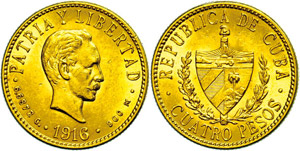 Kuba 4 Pesos, Gold, 1916, Fb. 5, ss-vz.  ... 