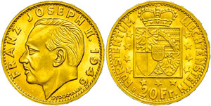 Liechtenstein 20 Franken, Gold, 1946, Franz ... 