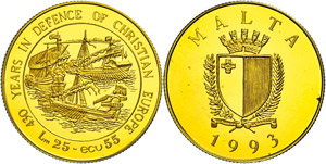 Malta 25 Liri (50 Ecu), Gold, 1993, 430 ... 