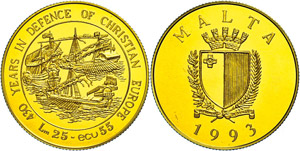 Malta 25 Liri (50 Ecu), Gold, 1993, 430 ... 