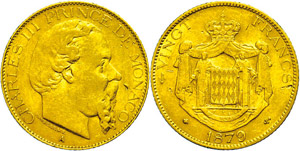 Monaco 20 Franc, Gold, 1879, Charles III., ... 