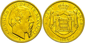 Monaco 100 Francs, Gold, 1884, Charles III., ... 