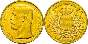 Monaco 100 Francs, Gold, 1896, Albert, Fb. ... 