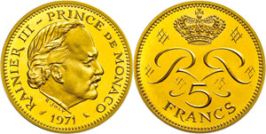 Monaco 5 Franc, Gold, 1971, proof, Rainer ... 