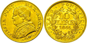 Vatican 10 liras, Gold, 1867, Pius IX., Fb. ... 