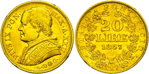 Vatican 20 liras, Gold, 1867, Pius IX., Fb. ... 