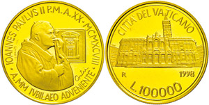 Vatican 10000 liras, Gold, 1998, Johannes ... 