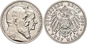 Baden 5 Mark, 1906, Friedrich and Louisa, to ... 