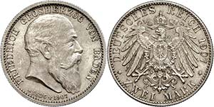 Baden 2 Mark, 1907, Friedrich I., auf seinen ... 