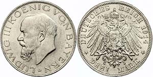 Bavaria 3 Mark, 1914, Ludwig III. (1913 - ... 
