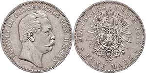 Hesse 5 Mark, 1876, Ludwig III., margin ... 