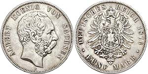 Sachsen 5 Mark, 1876, Albert, Mzz E,  ... 