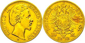 Bavaria 10 Mark, 1872, Ludwig II., s very ... 
