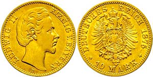 Bayern 10 Mark, 1875, Ludwig II., ss., ... 