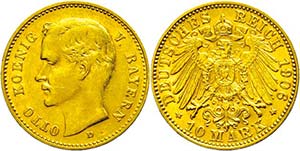 Bayern 10 Mark, 1906, Otto, wz. Rf., f. vz., ... 