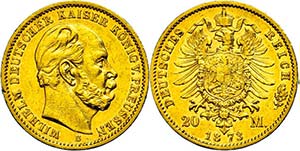 Prussia 20 Mark, 1873, B, Wilhelm I., margin ... 