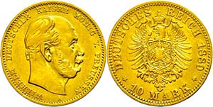 Preußen 10 Mark, 1880, Wilhelm I., wz. Rf., ... 