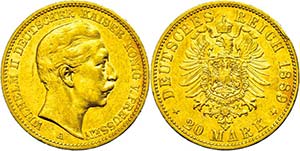 Preußen 20 Mark, 1889, Wilhelm II., kl. ... 