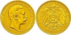 Prussia 10 Mark, 1893, Wilhelm II., aversum ... 