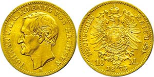 Sachsen 10 Mark, 1873, Johann, etwas ... 