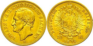 Saxony 20 Mark, 1873, Johann, margin fault, ... 