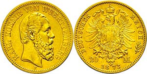 Württemberg 20 Mark, 1873, Karl, very ... 
