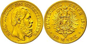 Württemberg 10 Mark, 1876, Karl, ss., ... 