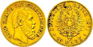 Württemberg 10 Mark, 1877, Karl, kl. Rf., ... 